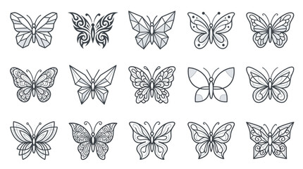 Fototapeta premium Collection of fifteen decorative butterfly line art icons.