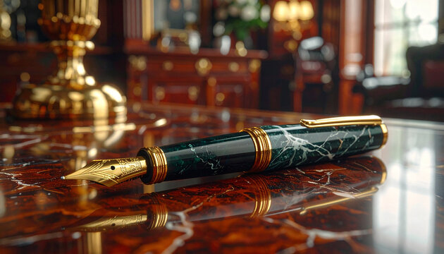 Luxury fountain pen on marble desk in elegant office setting