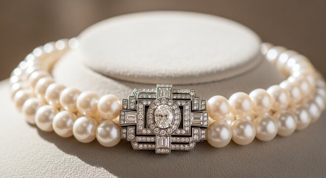 Luxury pearl necklace with diamond clasp jewelry closeup