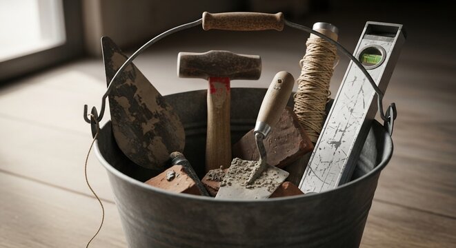 Trowel tools in metal bucket on wooden floor