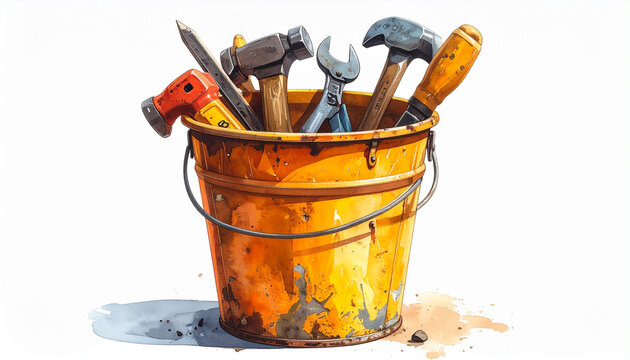 Rusty bucket with various tools
