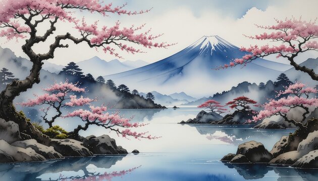 mt fuji in japan　梅と湖と富士　