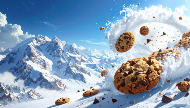 Chocolate chip cookies falling on snowy mountain landscape