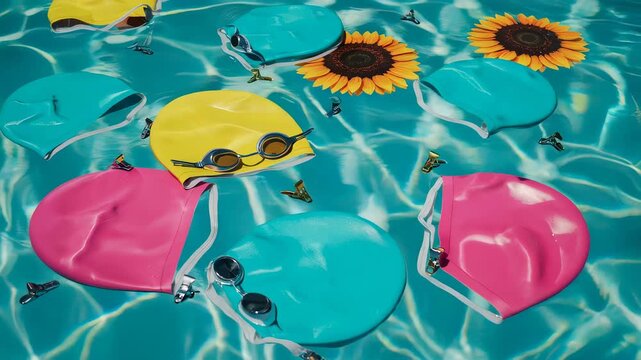 Colorful swim caps and goggles floating on blue water surface. Swimming equipment and sunflower in pool. Sport concept for summer aquatic fitness and training hobby.