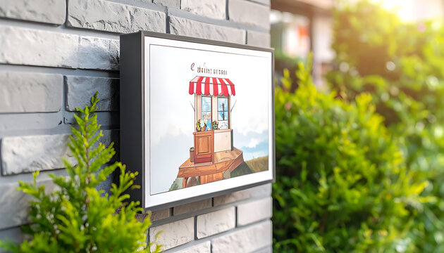 rectangular wall sign featuring a street food stall illustration on brick wall