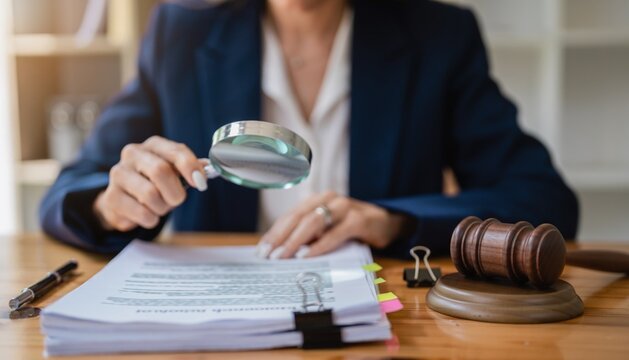Close-up scene of a professional reviewing legal paperwork with magnifying glass next to a judge gave
