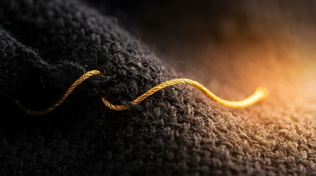 Macro view of a single golden thread on dark fabric with material close-up precious background contrast metallic expensive tailoring