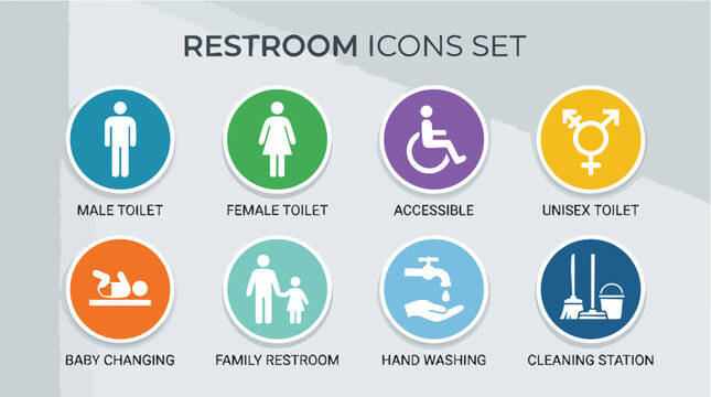 Restroom icons set with 8 colorful circular signs, public toilet symbols for male and female, accessible and unisex bathroom signage vector