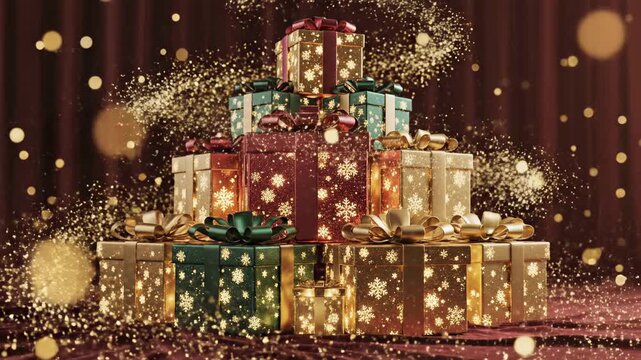 Christmas gift stack with glowing gold sparkles