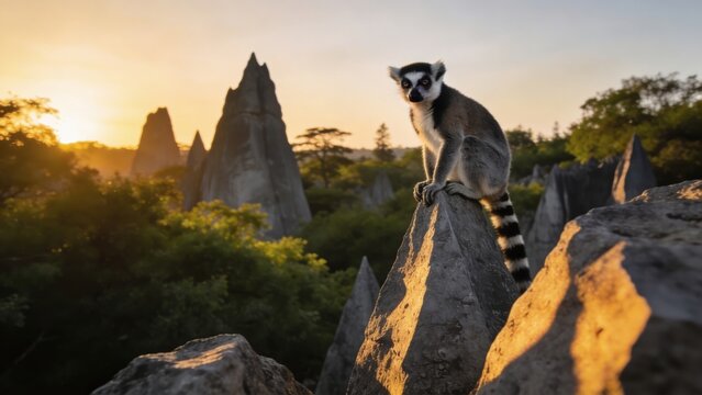 Ring-tailed lemur sitting on sharp Tsingy limestone rocks at sunset