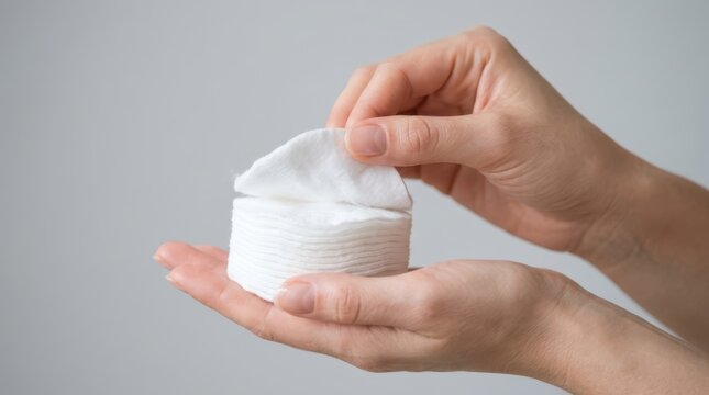 Closeup of a person holding a stack of white cotton pads for skincare and makeup removal