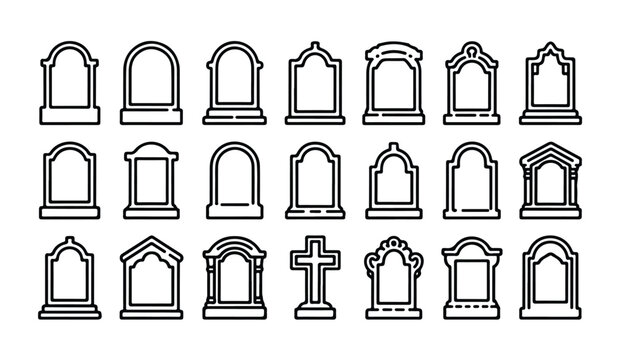 Collection of outline gravestone icons isolated on white background for funeral memorials.