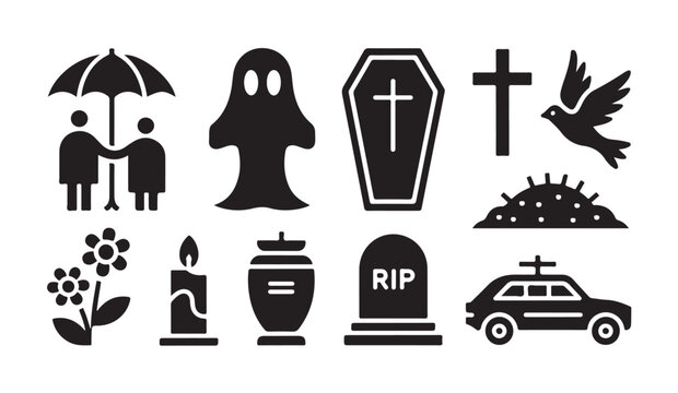 Funeral icon set featuring coffin urn grave and religious symbols for memorial services.