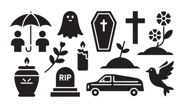 Funeral and mourning icons set featuring gravestone coffin hearse and religious symbols.