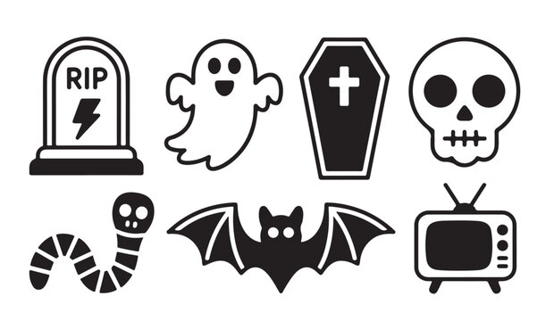 Spooky halloween icons including ghost skull coffin bat and gravestone vector graphics.