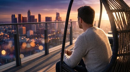 Obraz premium Man Sitting in Hanging Egg Chair on Rooftop Balcony Looking at City Skyline at Sunset for Urban Real Estate and Luxury Lifestyle