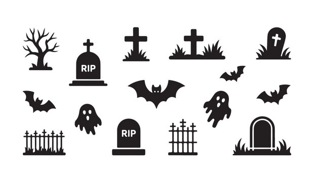 Halloween graveyard icons set with spooky elements including bats ghosts and dead trees.