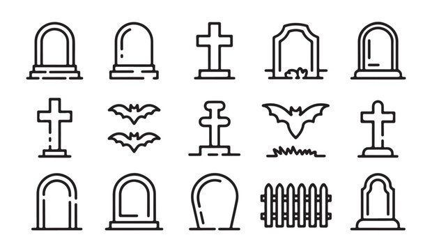 Set of gravestone or tombstone line art vector icon, cemetery halloween or funeral elements.
