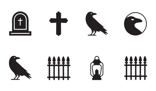 Set of halloween horror characters and objects flat vector icon, spooky celebration design.