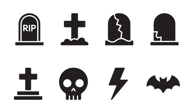 Halloween tombstone graveyard spooky icons set for scary celebration holiday.