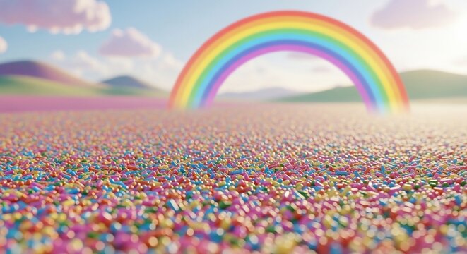 Rainbow over colorful candy field landscape with mountains