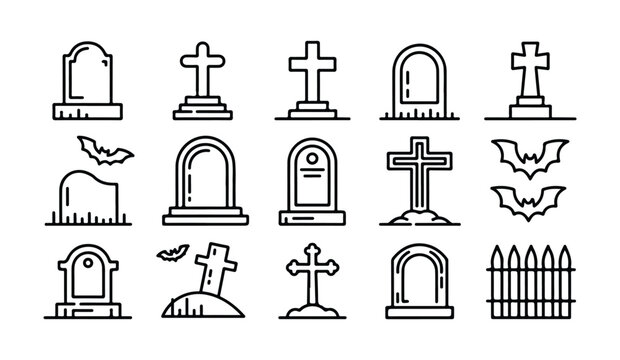 Halloween tombstone and cross icons graveyard spooky celebration holiday vector set.