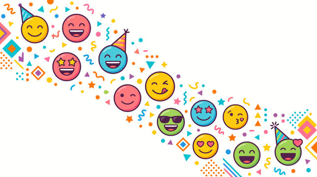Diagonal emoji pattern with party hats and geometric confetti