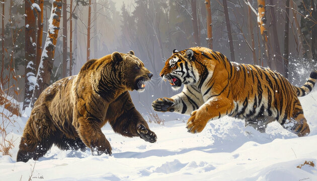 Wild animals bear and tiger fighting in snowy forest