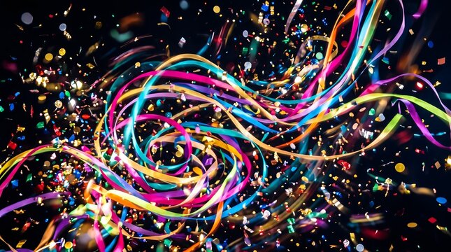 Abstract background of colorful confetti streamers and party ribbons swirling in circular motion with confetti celebration colorful