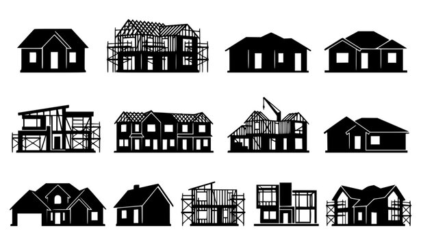 House Construction and Residential Building Silhouette Icon Set with Framing Scaffolding and Finished Real Estate Homes for Architecture and Property Development Designs