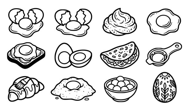 Breakfast Egg Cooking and Baking Ingredient Line Art Icon Set with Fried Boiled Cracked Eggs Omelet and Pastry Elements for Culinary Menu Designs