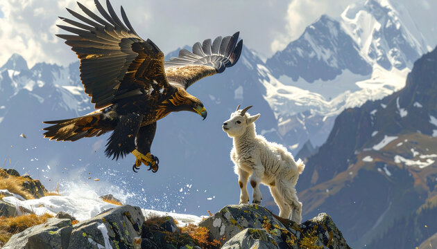 Eagle flying over a white goat on mountain peak
