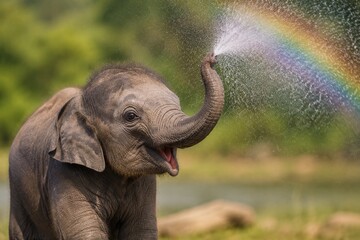 Fototapeta premium Baby elephant spraying mist from its trunk, creating a faint rainbow.