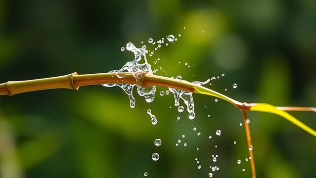 A flexible bamboo branch recoiling, flinging water droplets into the air.