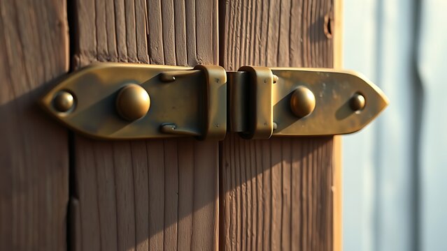 Vintage brass hasp and staple on weathered wooden door, rustic security and antique hardware concept.