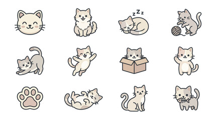 Obraz premium Cute pastel cat character poses and stickers.