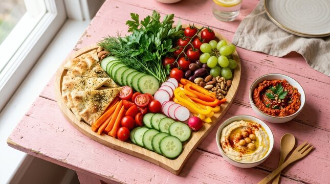 Healthy vegetable platter with hummus, pita bread, fresh vegetables, nuts, and grapes on a wooden board