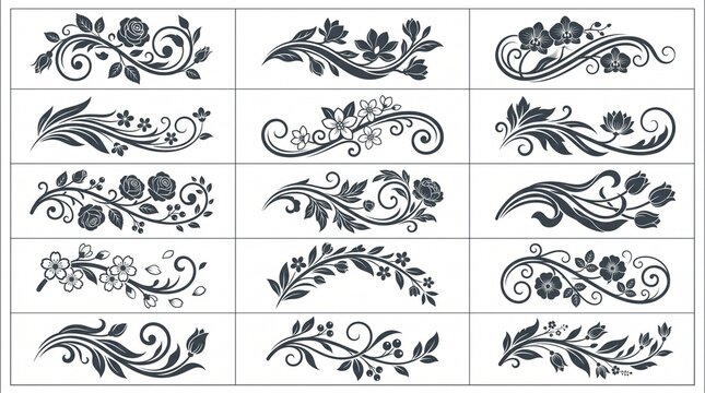 Set of floral decorative elements and flourishes for design