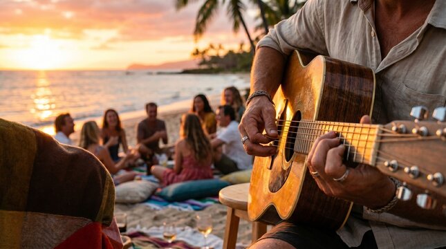 Man plays guitar on beach at sunset while people relax