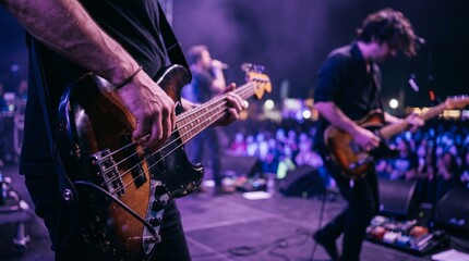 Obraz premium Musicians perform on stage with electric guitars and bass in concert