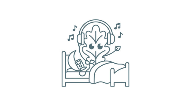Cute leaf character in bed listening to music with headphones and mp3 player