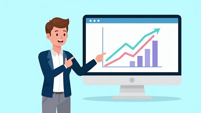 Animated Businessman Presenting Growth Data on Computer Monitor.