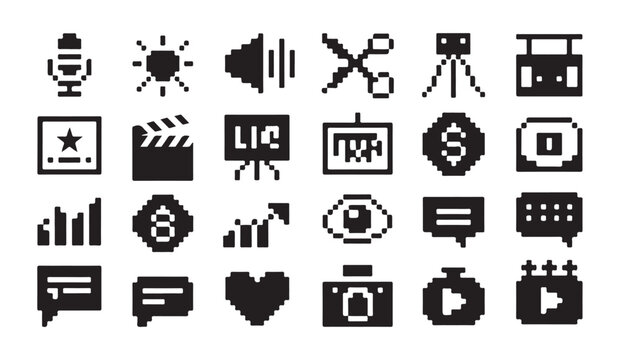 Diverse pixelated icons for media, business, finance, and communication.