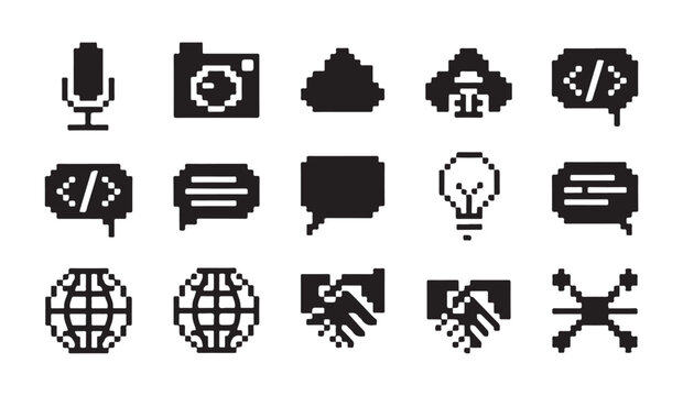 Set of pixel art icons representing software development cloud connectivity and teamwork.