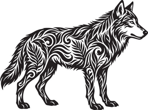 Intricate Wolf Tribal Tattoo Vector Illustration with Decorative Swirl Patterns and Floral Art