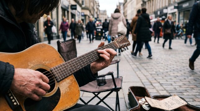 Street musician playing acoustic guitar on busy city sidewalk with people walking by