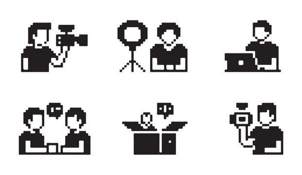 Vlogger and content creator pixel art characters with camera and lighting equipment icons.