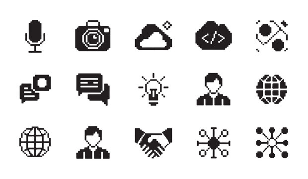 Collection of pixel art icons for technology, communication, and global business concepts.