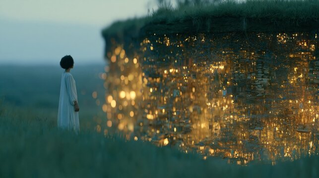 Young woman above a vast underground network of knowledge and memories, conceptual earth cross-section photography symbolizing hidden intelligence, inner potential, lifelong learning and cognitive dep