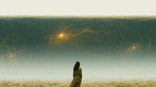 Young woman above a vast underground network of knowledge and memories, conceptual earth cross-section photography symbolizing hidden intelligence, inner potential, lifelong learning and cognitive dep
